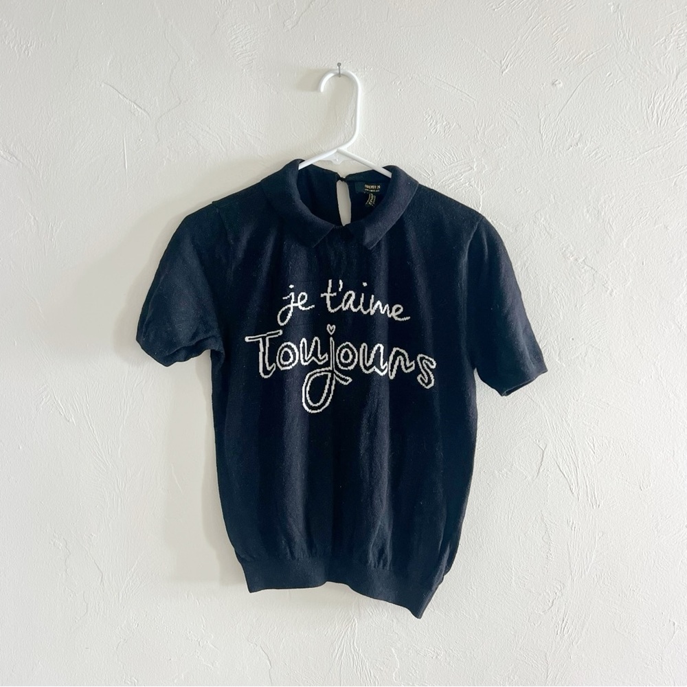 Je T'aime Toujours Black Sweater Blouse Peter Pan Collar French Girl Love M 🥖